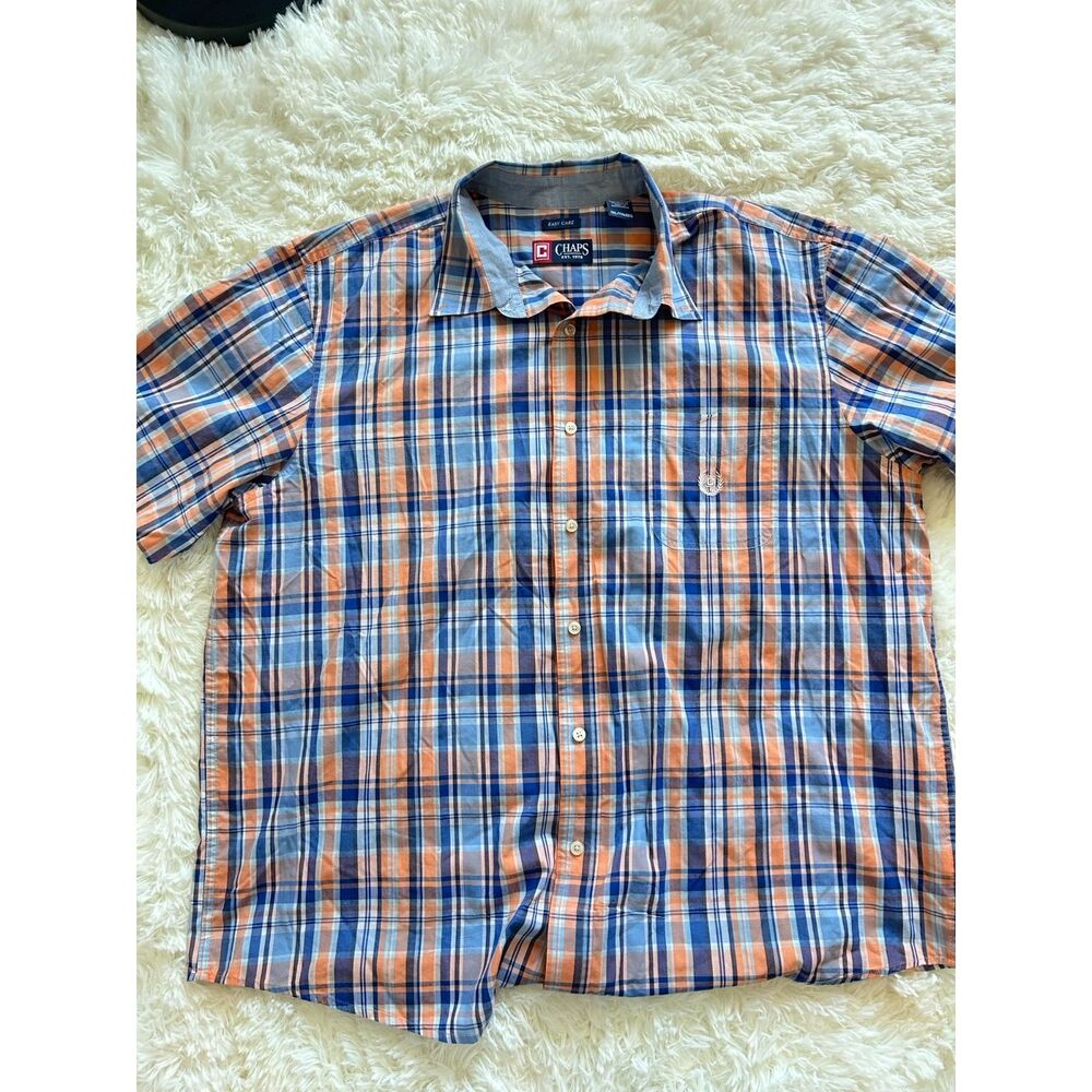 Chaps Mens XXL Easy Care Short Sleeve Plaid Button Down Shirt Orange Blue Crest